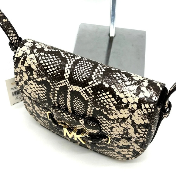 Michael Kors Small Reed Leather Saddle Crossbody Bag Snakeskin Nat/Light Cream - Picture 6 of 10